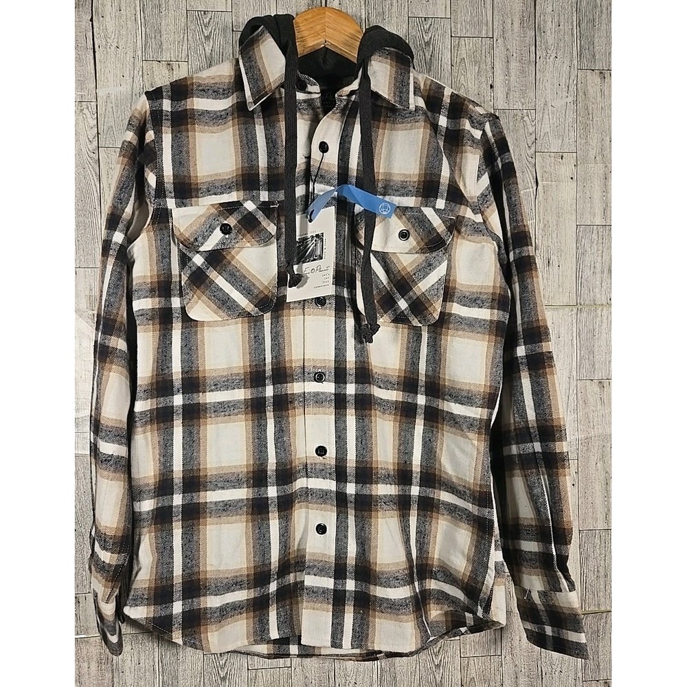 SMALL Free Planet Men's Flannel Shirt Hoodie Gray Tan Plaid Button Double Pocket